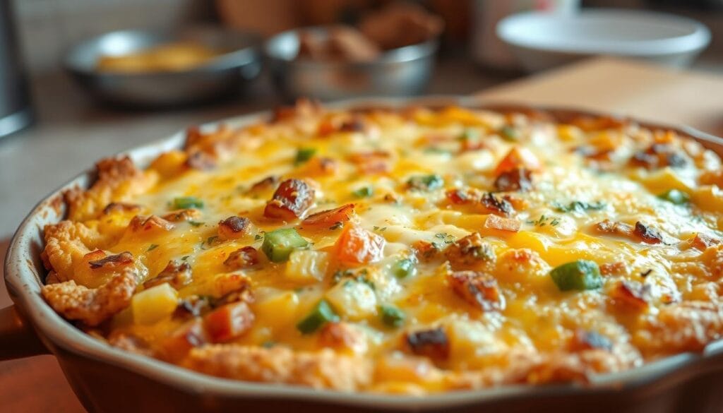 A cheesy baked egg casserole topped with golden brown vegetables, fresh herbs, and a crispy cracker crust in a ceramic dish