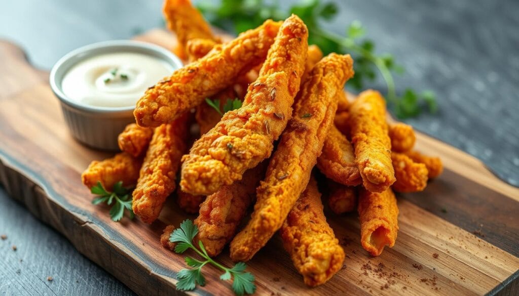 A plate of crispy chicken fries served with golden French fries, a lemon wedge, and a side of